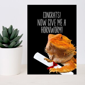 Cartão de formatura hilário para imprimir com dragão barbudo segurando diploma
