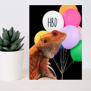 Carte d'anniversaire imprimable dragon barbu avec des ballons et voeux humoristiques