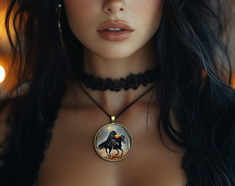 May include: A woman with long black hair and a black hat. She wears a black lace choker and a pendant with a round, gold-colored frame. The pendant features a scene of a cloaked figure on a black horse. The background is blurred with warm, orange tones.