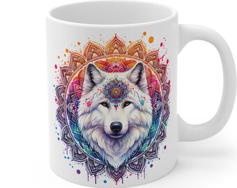 May include: White ceramic mug featuring a detailed illustration of a white wolf with a colorful mandala design. The wolf has a serene expression, and the mandala includes shades of orange, pink, purple, and blue. The mug has a standard handle.