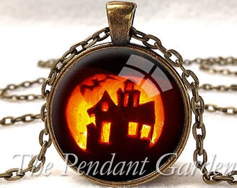 HALLOWEEN PENDANT Haunted House Necklace Black Orange Yellow Halloween Necklace Haunted Jewelry Halloween Costume, Happy Halloween!