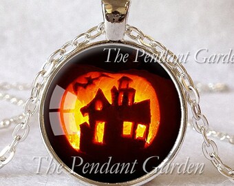 HALLOWEEN PENDANT Haunted House Necklace Black Orange Yellow Halloween Necklace Haunted Jewelry Halloween Costume, Happy Halloween!