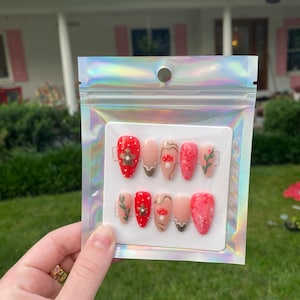 Mushroom Garden Flower Hand Painted Press On Nails | cottage core mushroom summer dopamine Birthday Nails