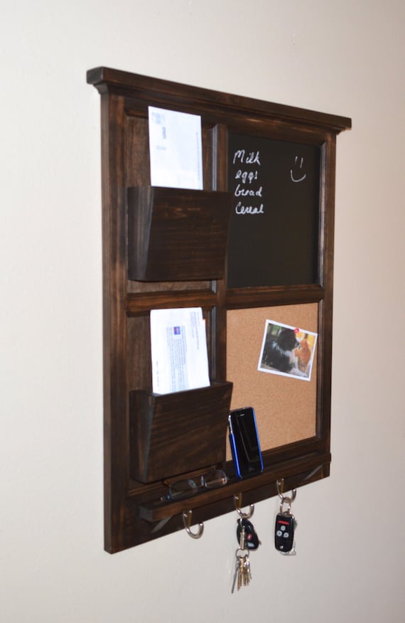 Walnut stained Chalkboard & Cork board with Two Mail Organizer letter holder Key / Coat / Hat rack - RusTic - Home Decor