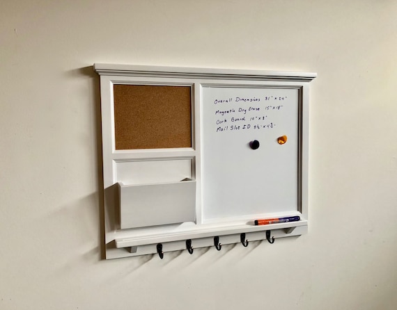 31" x 24" Large Magnetic Dry Erase plus cork board with Mail Organizer letter holder Key / Coat / Hat hooks - Home Decor- Wall Organizer