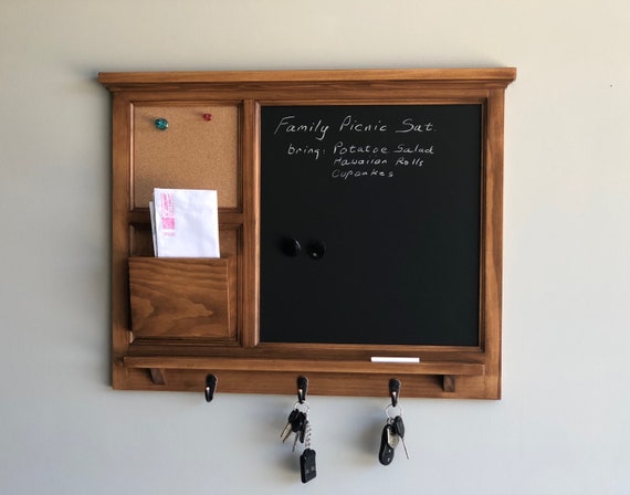 MAGNETIC Chalkboard Wall Organizer with cork board, letter holder Key / Coat / Hat rack - RusTic - Home Decor