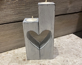 Rustic farmhouse tea light candle holder with heart cutout - wood candle holder - Valentine's Day Gift