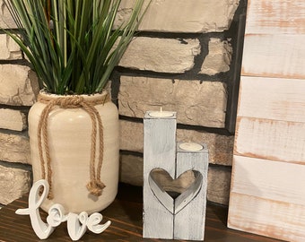Rustic farmhouse tea light candle holder with heart cutout - wood candle holder - Valentine's Day Gift