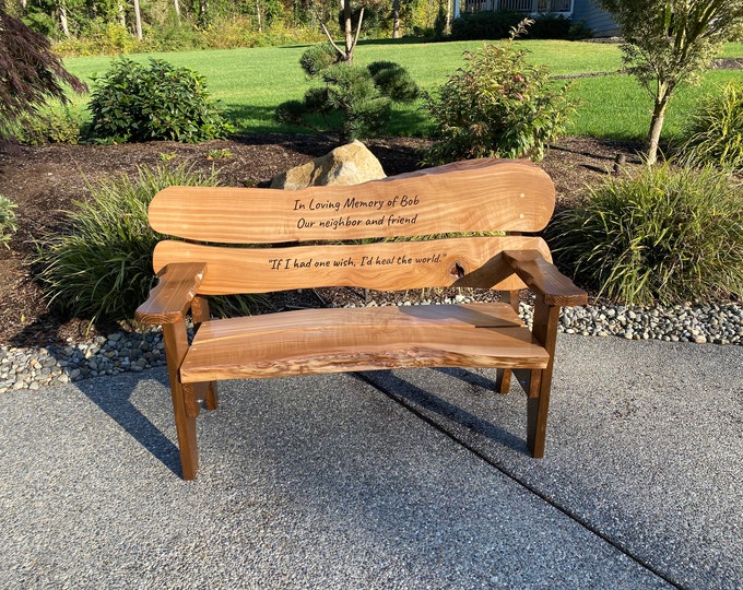Featured listing image: Memorial live edge wooden bench, Garden Bench, inspirational bench, Personalized live edge bench