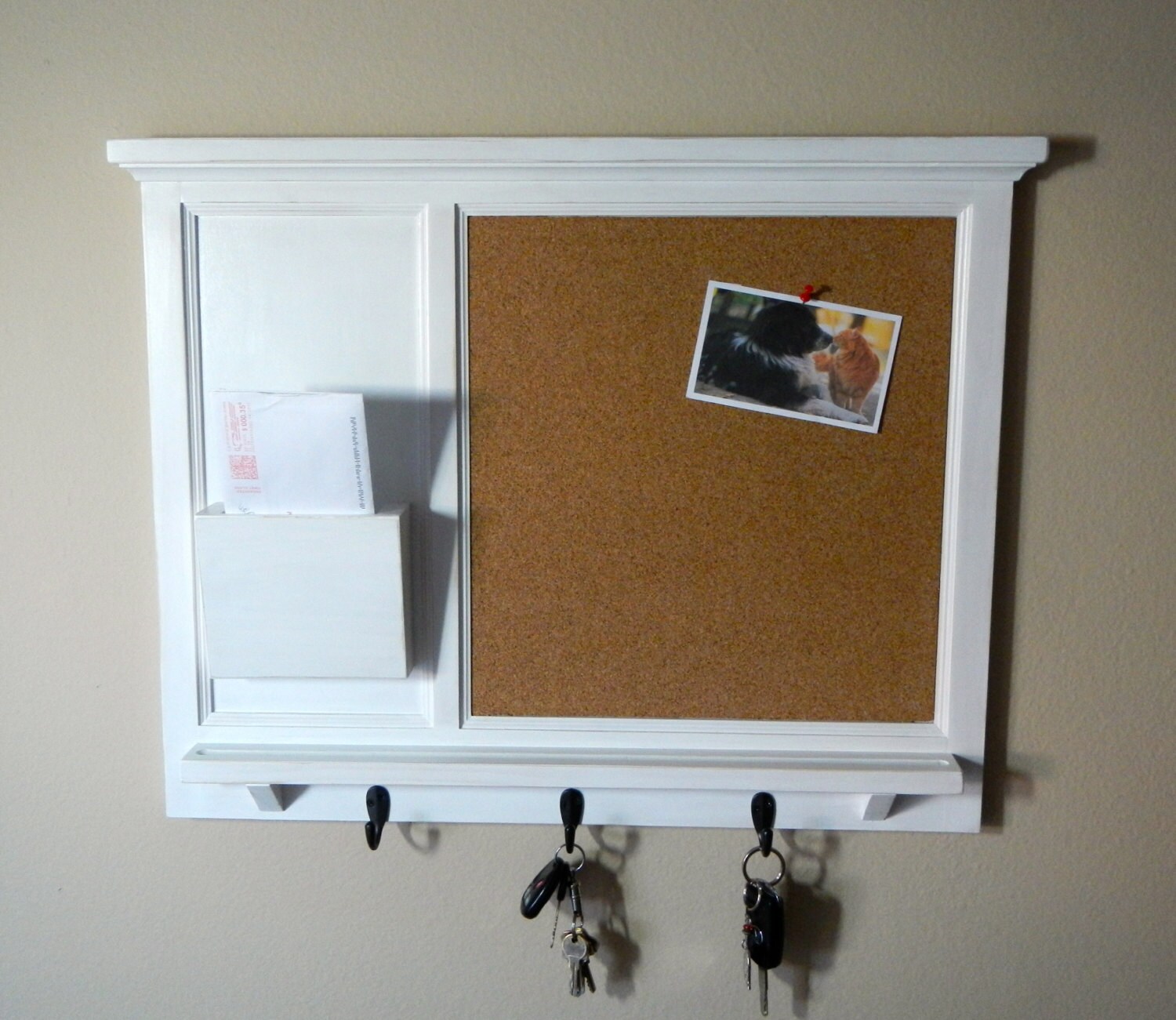 Distressed White Cork Board Mail Organizer letter holder Key Etsy