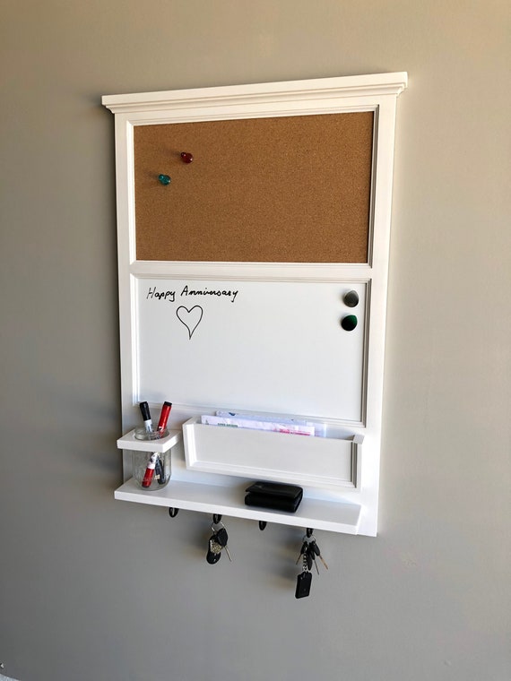 Wall Organizer - 24" x 35" cork and magnetic dry erase boards with mail slot and shelf - Walnut stained