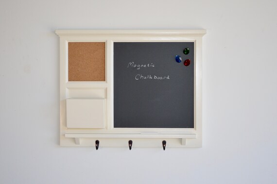 MAGNETIC Chalkboard Organizer with cork board, letter holder Key / Coat / Hat rack - RusTic - Home Decor