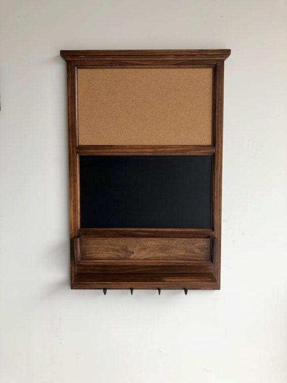 Wall Organizer - 24" x 35" cork and chalk boards with mail slot and shelf - Walnut stained