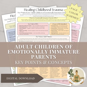 Puede incluir: Una hoja de trabajo descargable digital imprimible con el título "Adult Children of Emotionally Immature Parents: Key Points & Concepts". La hoja de trabajo está dividida en secciones con encabezados como "Tus padres", "Mundo", "Emocionalmente inmaduro", "Reconoce los mecanismos de afrontamiento" y "Relaciones íntimas". La hoja de trabajo está en rosa, azul y verde.