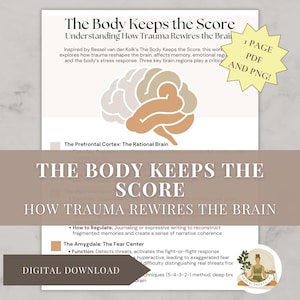 May include: Digital download of a printable guide titled "The Body Keeps the Score: How Trauma Rewires the Brain". The guide features a stylized illustration of the brain and text about the prefrontal cortex, the amygdala, and how to regulate trauma responses.