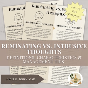 Könnte beinhalten: Ein digitaler Download mit Lehrmaterialien zu "Ruminating vs. Intrusive Thoughts". Das Design umfasst beige Karten mit Text und Illustrationen, einschließlich Definitionen und Management-Tipps. Der Titel wird in großer Schrift angezeigt.