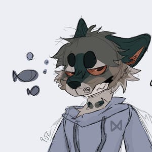 May include: A digital illustration of an anthropomorphic wolf character with grey fur, wearing a light blue hooded sweatshirt and black trousers. The character has red eyes, a visible toothy grin, and a large tail. The text "CAMP" appears near the head.