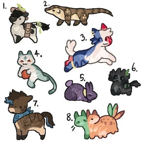 Op de afbeelding: Een digitale illustratie met acht genummerde pixel art wezens. De collectie bevat een gevlekt paard, een langgerekte hagedis, een blauw-witte kat, een lichtblauwe kat met een oranje bal, een paars konijn, een zwart wezen, een bruin paard en een tweekoppig wezen.