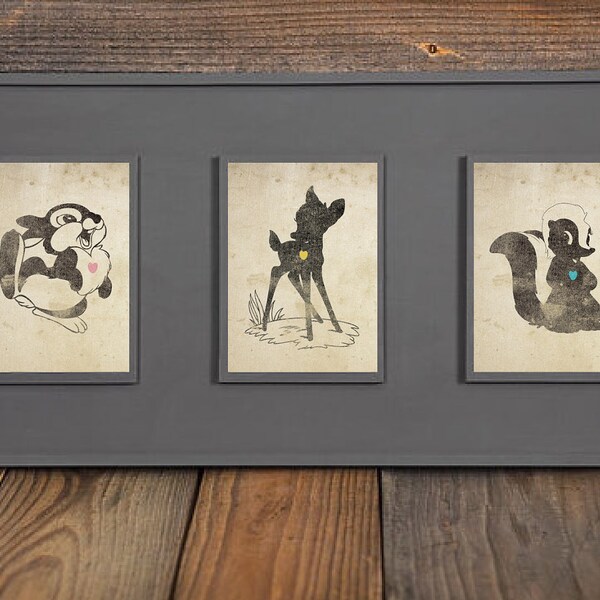 Bambi, Thumper, Flower Inspired Silhouettes: (3) 5X7 Art Prints, With Heart Studios - Disney, Nursery, Gift, Vintage, Poster