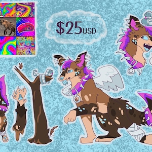 May include: Digital artwork of a brown and purple canine character with a snake, wearing a spiked collar and angel wings. The image includes other character poses and a grid of colourful, psychedelic art pieces. The background is light blue.