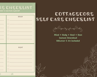 Cottagecore Self Care Checkliste zum Ausdrucken | Geist-Körper-Seele Ruhe | PDF | Sofortdownload | US Letter & A4