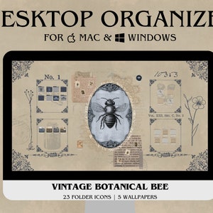 Vintage Botanical Bee Desktop Organizer, Antique Wallpaper, Folder Icons Pack, Junk Journal Aesthetic, Custom Organizer Set, Mac and Windows