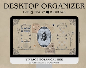 Vintage Botanical Bee Desktop Organizer, Antique Wallpaper, Folder Icons Pack, Junk Journal Aesthetic, Custom Organizer Set, Mac and Windows