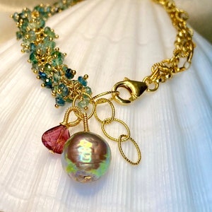 Indigolite Tourmaline, Rubellite Tourmaline with Kasumi-like Freshwater Pearl Bracelet