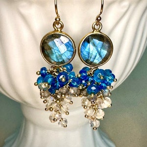 Blue Apatite, Labradorite, Moonstone Cascade Earrings with Bezel Labradorite