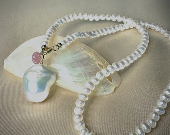 White Freshwater Pearl Necklace with Baroque Fireball Pearl and Pink Sapphire