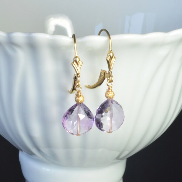 Pink Amethyst Briolette with Star Dust Gold Filled Beads Lever-back Earrings