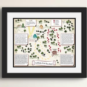 Może przedstawiać: Kolorowa, ilustrowana mapa opowiadająca historię Złotej Kł&oacute;deczki i Trzech Niedźwiedzi. Mapa pokazuje ścieżkę, kt&oacute;rą Złota Kł&oacute;deczka przeszła przez las, w tym jej ślady i ślady niedźwiedzi. Mapa zawiera r&oacute;wnież ilustracje domu niedźwiedzi, lasu i zwierząt, kt&oacute;re tam mieszkają. Tekst na mapie opowiada historię Złotej Kł&oacute;deczki i Trzech Niedźwiedzi.