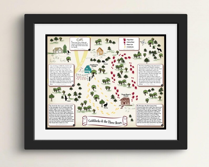 Może przedstawiać: Kolorowa, ilustrowana mapa opowiadająca historię Złotej Kł&oacute;deczki i Trzech Niedźwiedzi. Mapa pokazuje ścieżkę, kt&oacute;rą Złota Kł&oacute;deczka przeszła przez las, w tym jej ślady i ślady niedźwiedzi. Mapa zawiera r&oacute;wnież ilustracje domu niedźwiedzi, lasu i zwierząt, kt&oacute;re tam mieszkają. Tekst na mapie opowiada historię Złotej Kł&oacute;deczki i Trzech Niedźwiedzi.