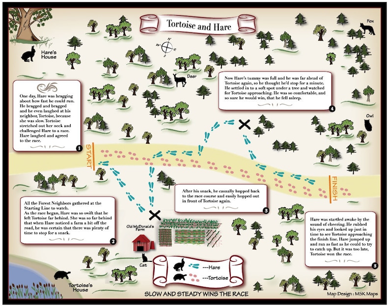 May include: A colorful illustrated map depicting the classic fable of the Tortoise and the Hare. The map shows the race course with footprints of the Tortoise and Hare, along with various animals and landmarks. The text "Slow and Steady Wins the Race" is displayed at the bottom of the map.