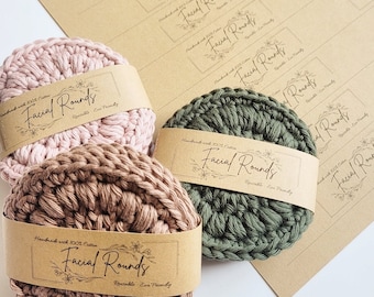 Printable Facial Rounds Wrap Labels/Downloadable PDF/Market Packaging/Crocheted face scrubby Wraps/Make up wipes Tags/Craft Fair Tags