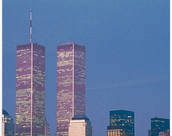 Poster Featuring 1990s World Trade Center Twin Towers at Dusk