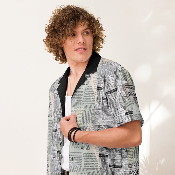 Unisex Newspaper Print Shirt Shacket with Moisture Wicking Fabric