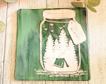 Green Glass Adventure Trivet, Glass Trinket Tray, Decorative Jewelry Tray  Camping Theme Modern Trinket Jewelry Tray New Home Decor Gifts