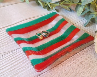 Christmas Spoon Rest, Green and Red Candy Tray, Fused Glass Dish