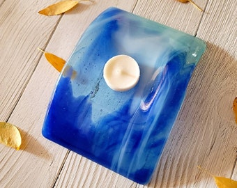 Ocean Colored Fused Glass Candle Bridge Holder, Glass Candle Decor, Center Piece Glass Art, New Home Gift