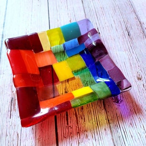 Rainbow Spoon Rest, Rainbow Fused Glass Holder, Colorful Candle Holder, Rainbow Trinket Dish Tray, Anything Dish image 1