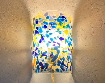 Blue and Yellow Mosaic Glass Sconce Wall Lighting, Fused Glass Hanging Light, Plug In Wall Light Fixture