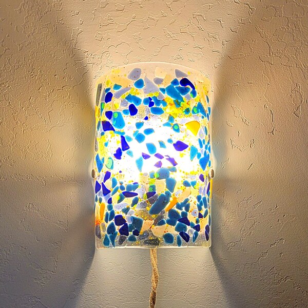 Blue and Yellow Mosaic Glass Sconce Wall Lighting, Fused Glass Hanging Light, Plug In Wall Light Fixture