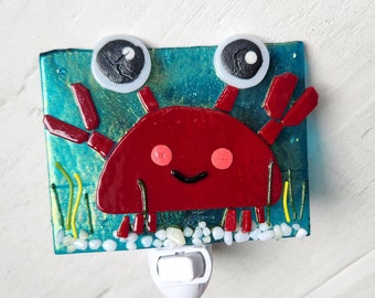 Ocean Crab Nightlight, Casey the Red Crab Night Light, Glass Kids Night Light, Ocean Nursery Decor, Baby Shower Gift,