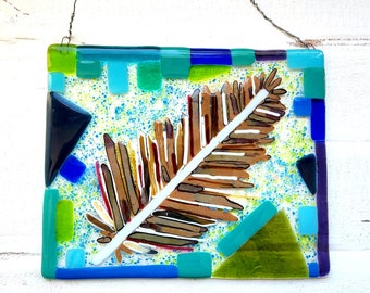 Glass Feather Window Art, Fused Glass Wall Hanging, One of a Kind Sun Catcher