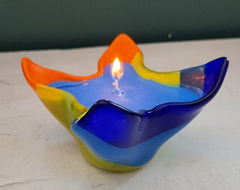 Yellow, Orange, and Blue Glass Candle Container, Fused Glass Vase
