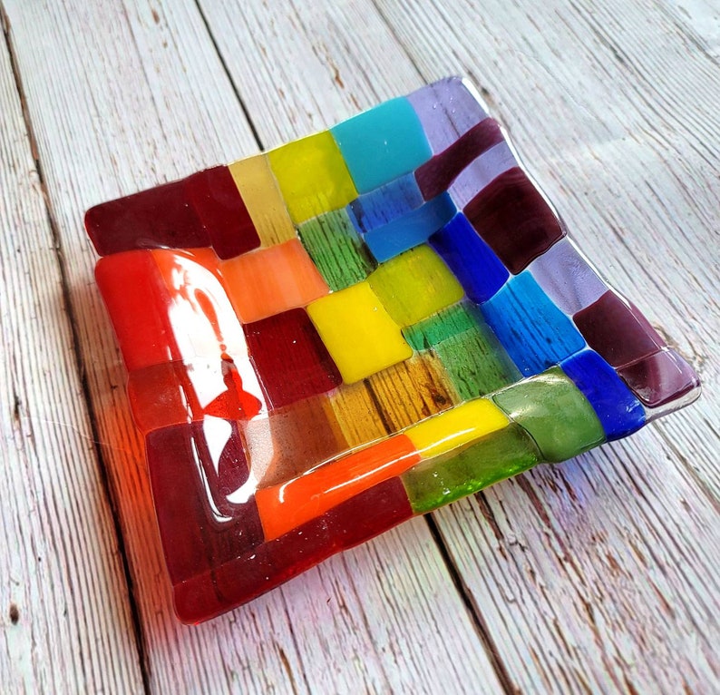 Rainbow Spoon Rest, Rainbow Fused Glass Holder, Colorful Candle Holder, Rainbow Trinket Dish Tray, Anything Dish image 3