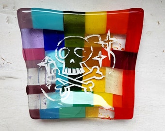 Retro Skull Rainbow Mosaic Dush, Fused Glass, Halloween Art