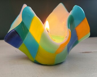 Yellow, Orange, and Blue Glass Candle Container, Fused Glass Vase