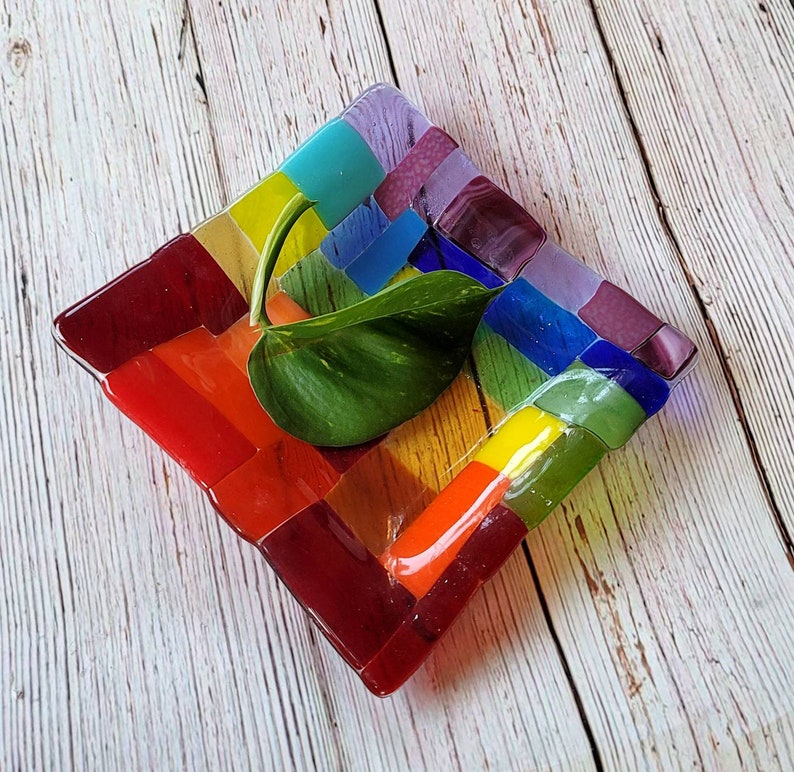 Rainbow Spoon Rest, Rainbow Fused Glass Holder, Colorful Candle Holder, Rainbow Trinket Dish Tray, Anything Dish image 5